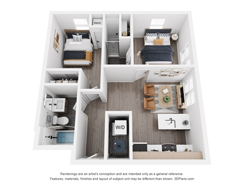 Floor plan for 2 beds, 2 baths, 680 sqft